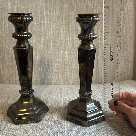 Set of 2 Pottery Barn Antiqued Silver Plated Taper Candlesticks Candle Holders - Picture 5 of 5
